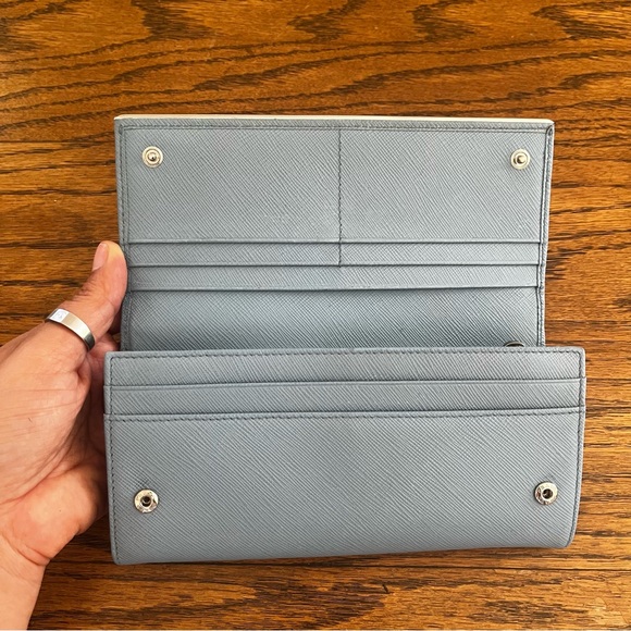 Prada Saffiano Leather Light Blue Metal Flap Bar Continental Wallet - Picture 4 of 13